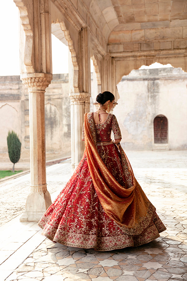 Deep Red Zardozi Silk Bridal Lehenga (3-Piece) - Image 5
