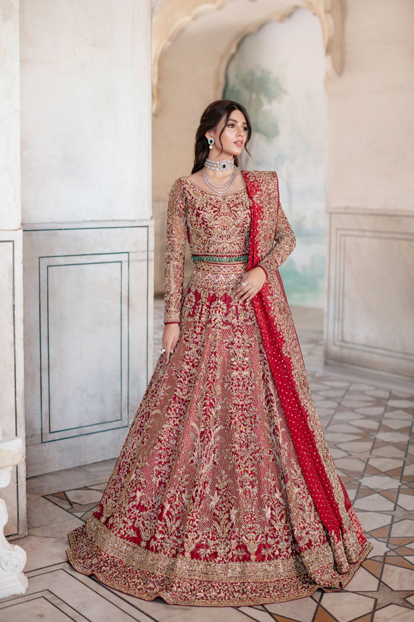 Pakistani Deep Red Gold Embroidered Silk Lehenga Choli (3-Piece) - Image 1