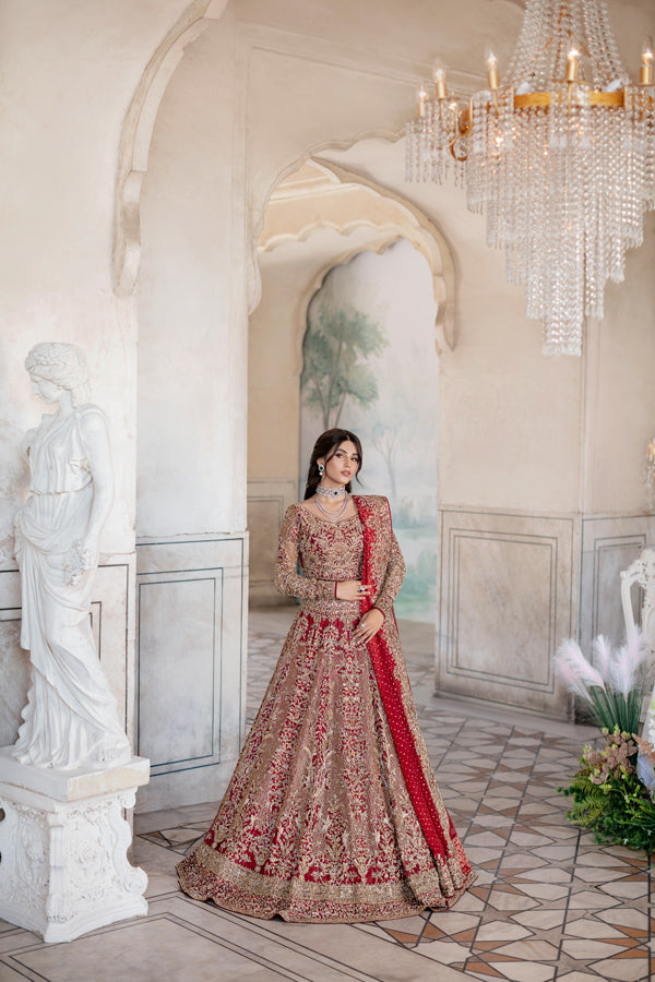 Pakistani Deep Red Gold Embroidered Silk Lehenga Choli (3-Piece) - Image 2