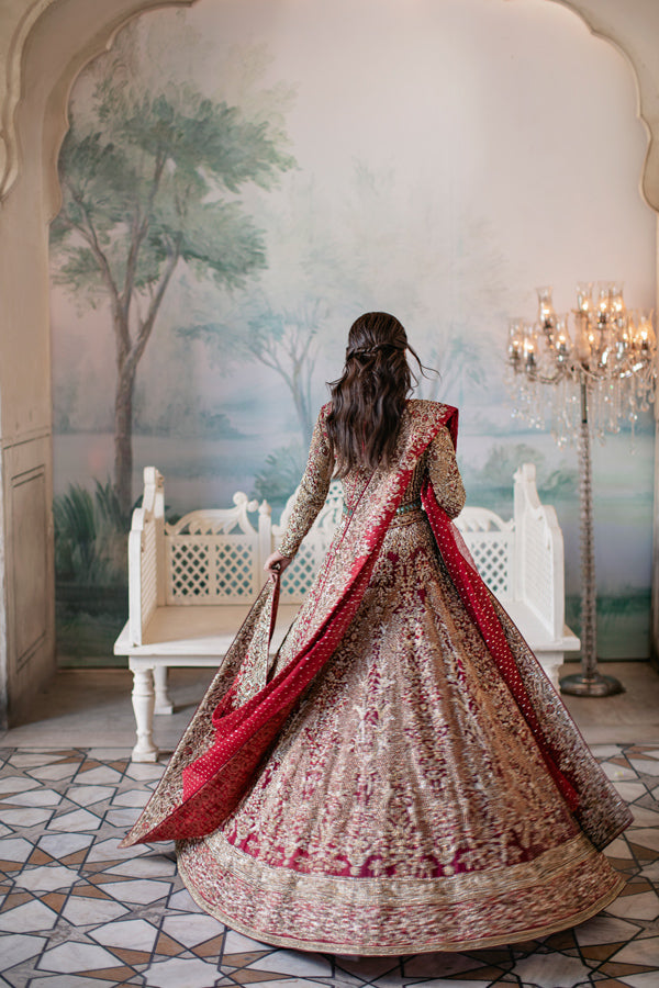 Pakistani Deep Red Gold Embroidered Silk Lehenga Choli (3-Piece) - Image 5