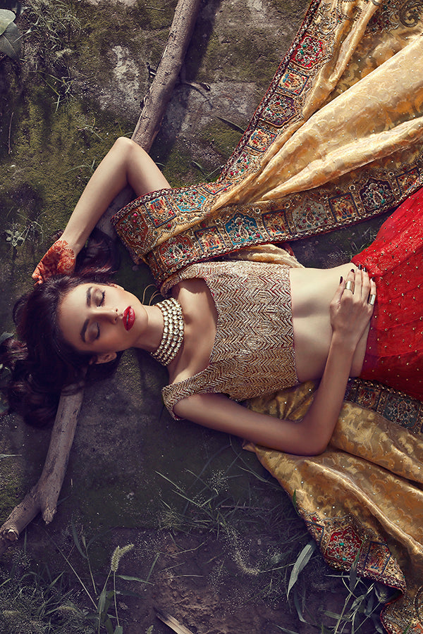 Crimson Red Embroidered Silk Lehenga Set (3-Piece) - Image 2