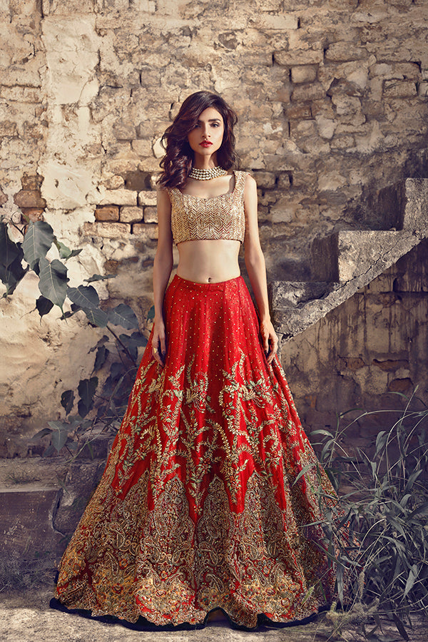 Crimson Red Embroidered Silk Lehenga Set (3-Piece) - Image 3