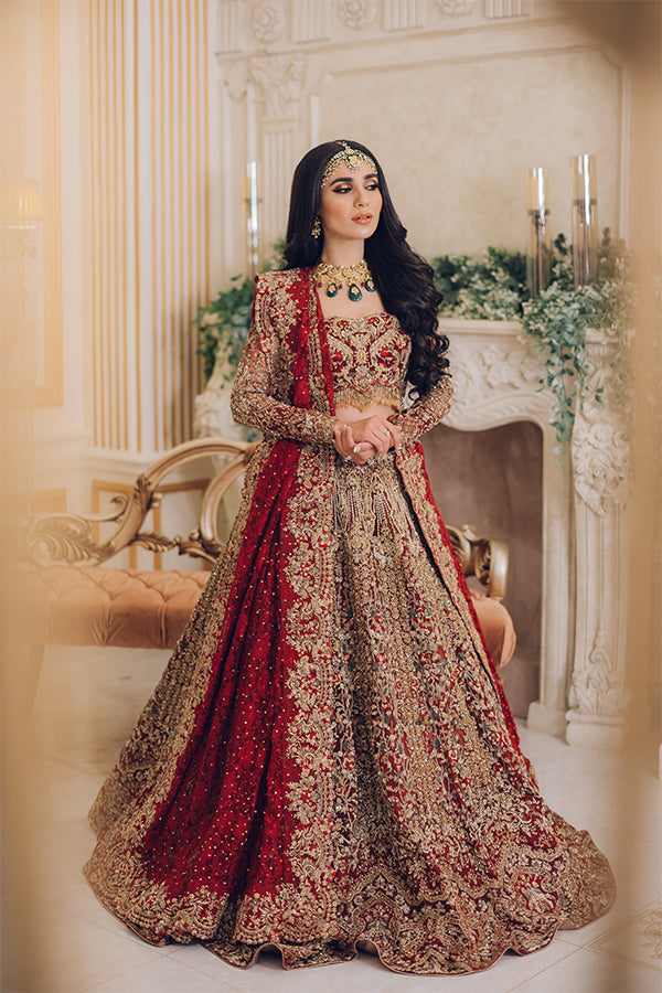 Pakistani Deep Red Zardozi Silk Bridal Lehenga (3-Piece) - Image 1