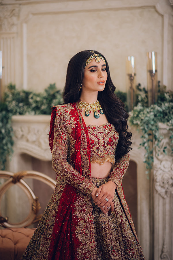 Pakistani Deep Red Zardozi Silk Bridal Lehenga (3-Piece) - Image 2