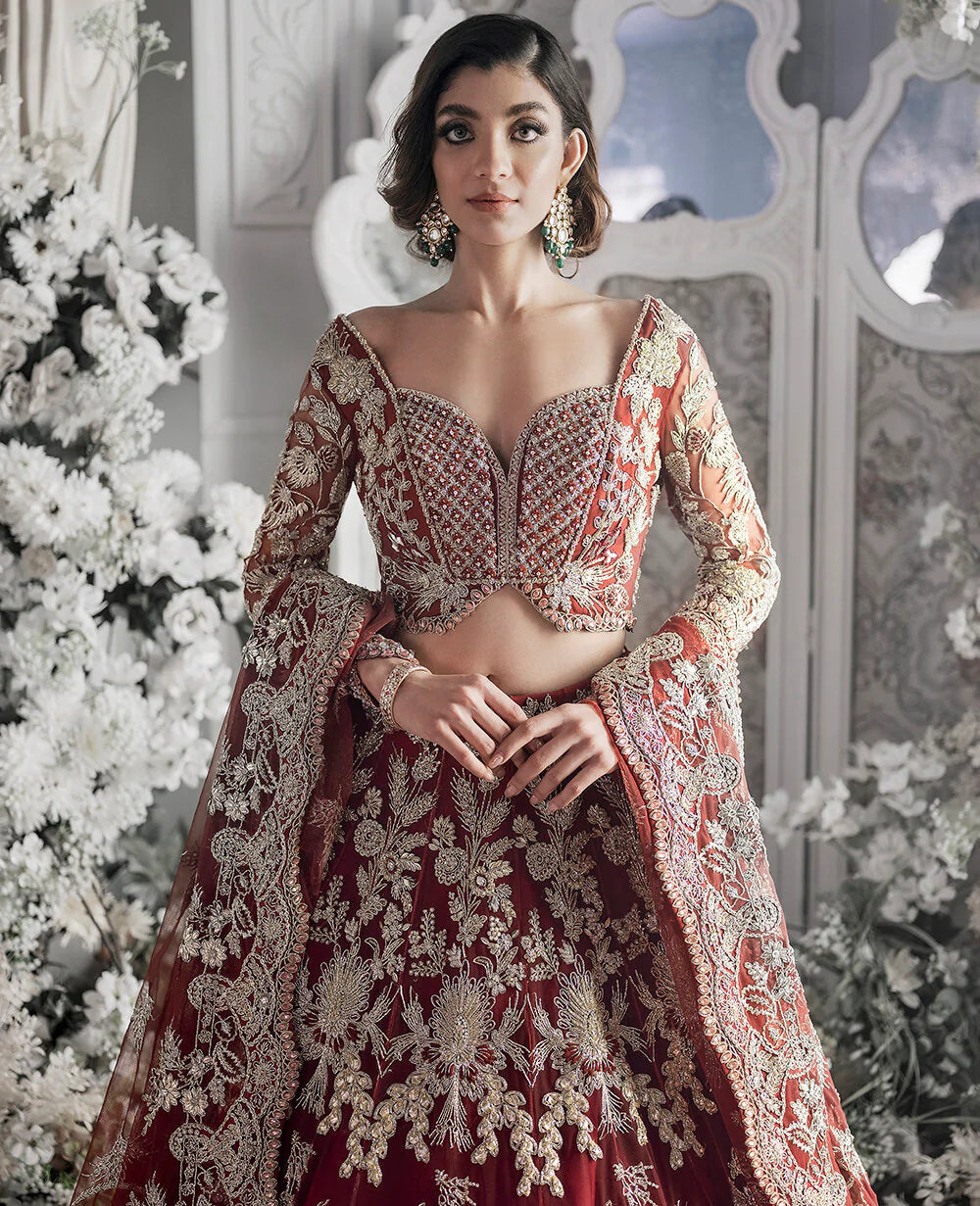 Deep Red Embroidered Silk Bridal Lehenga (3-Piece) - Image 3