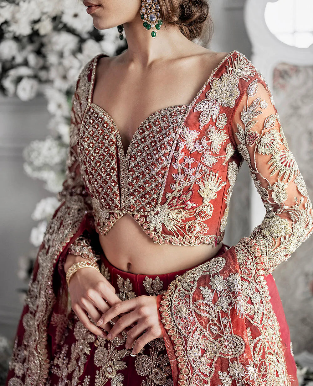 Deep Red Embroidered Silk Bridal Lehenga (3-Piece) - Image 5