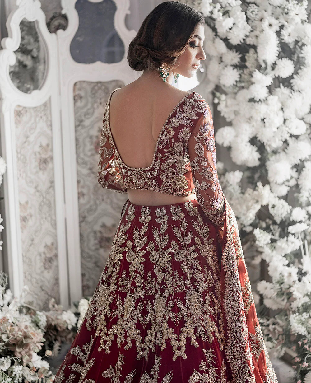 Deep Red Embroidered Silk Bridal Lehenga (3-Piece) - Image 7