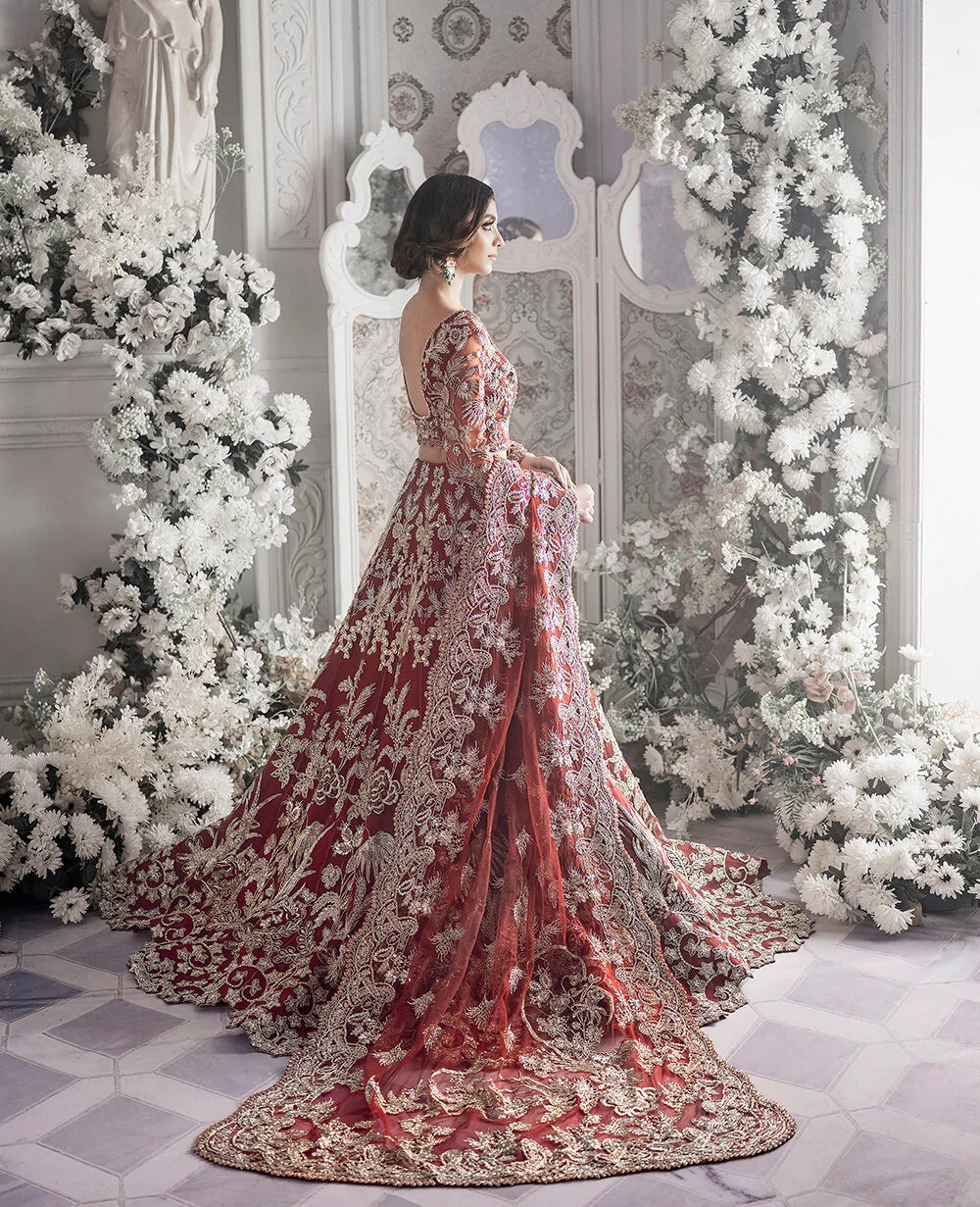 Deep Red Embroidered Silk Bridal Lehenga (3-Piece) - Image 8