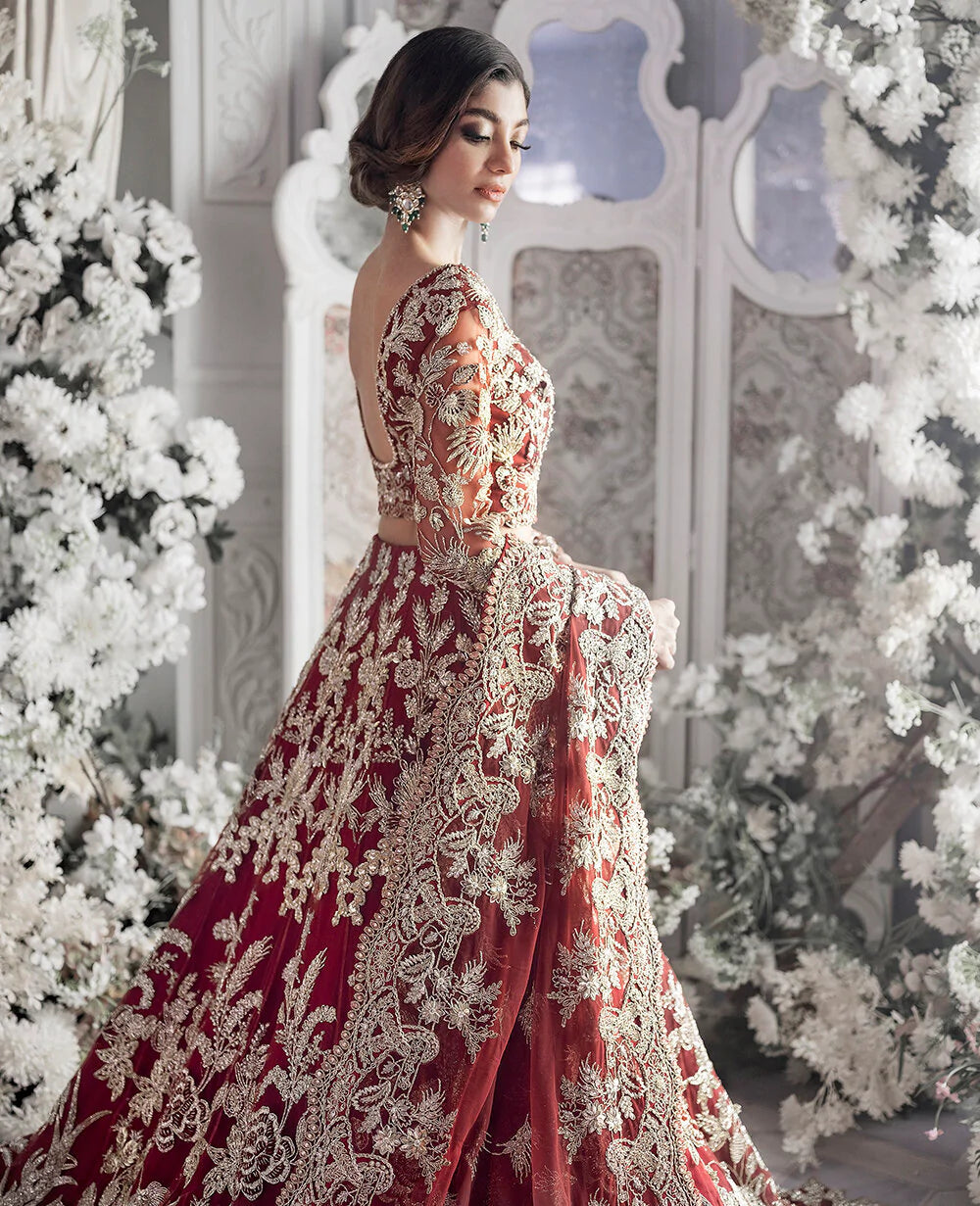 Deep Red Embroidered Silk Bridal Lehenga (3-Piece) - Image 9