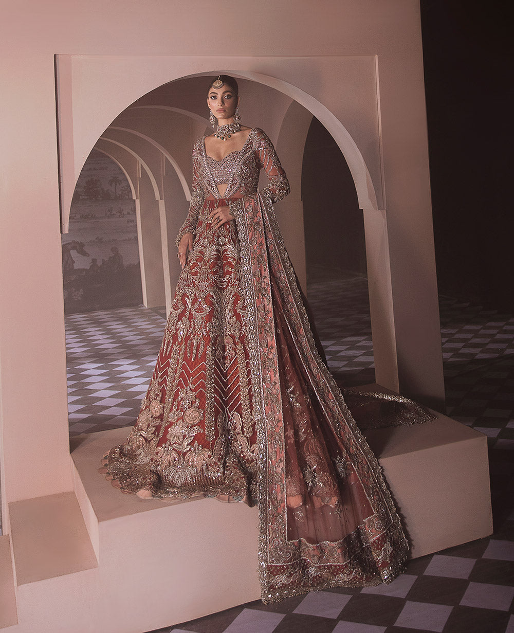 Pakistani Deep Red Embellished Silk Bridal Lehenga (3-Piece) - Image 1