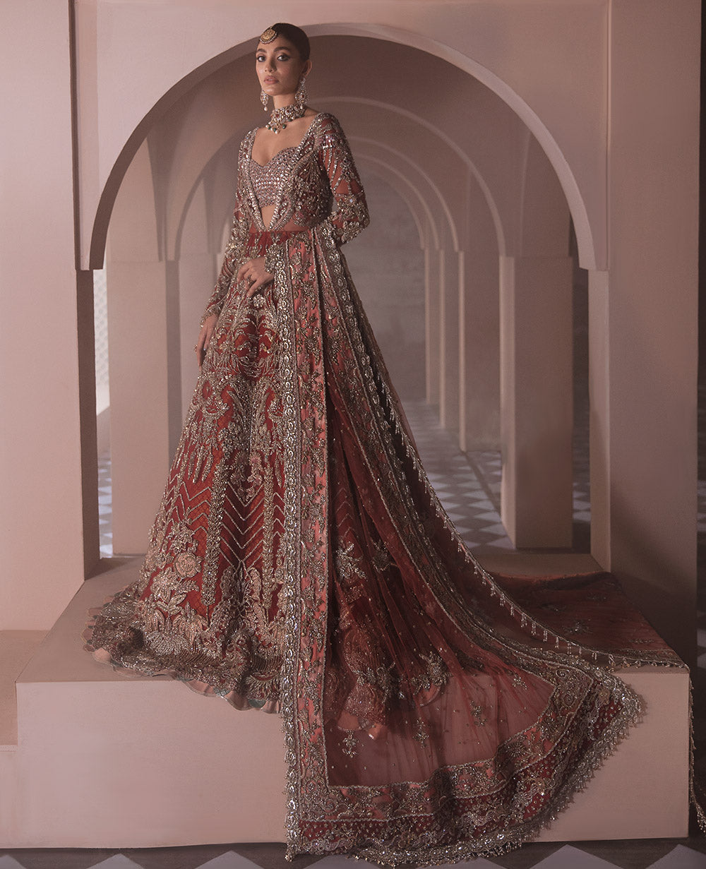 Pakistani Deep Red Embellished Silk Bridal Lehenga (3-Piece) - Image 3