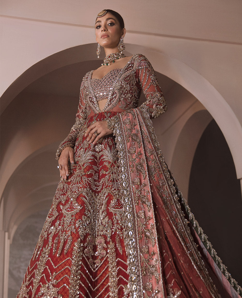 Pakistani Deep Red Embellished Silk Bridal Lehenga (3-Piece) - Image 4