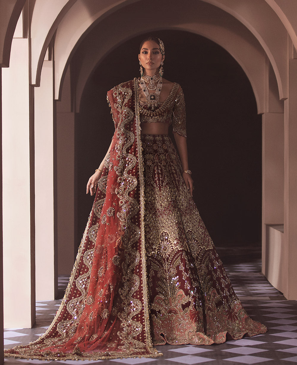 Deep Red Embellished Silk Bridal Lehenga (3-Piece) - Image 1