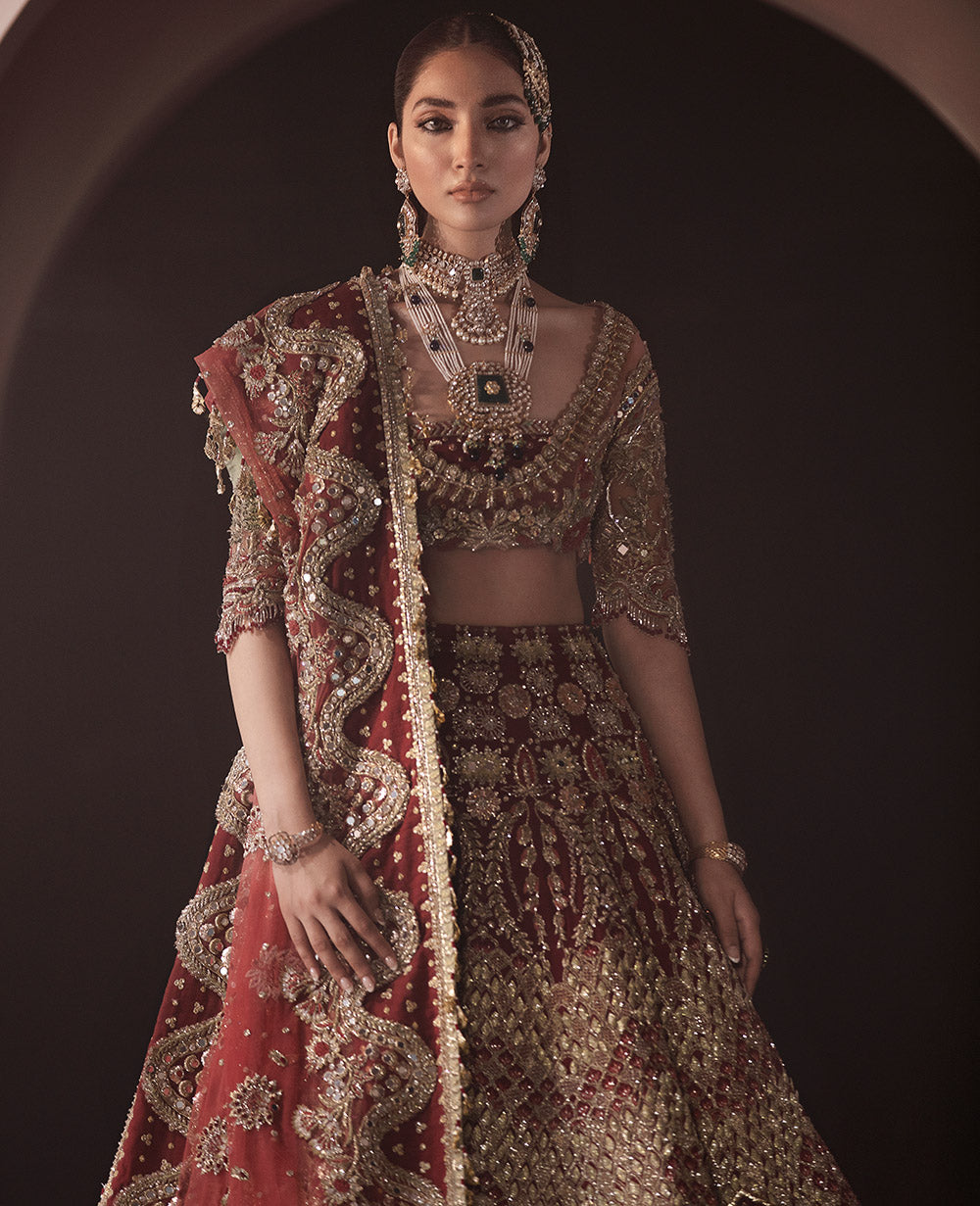Deep Red Embellished Silk Bridal Lehenga (3-Piece) - Image 3