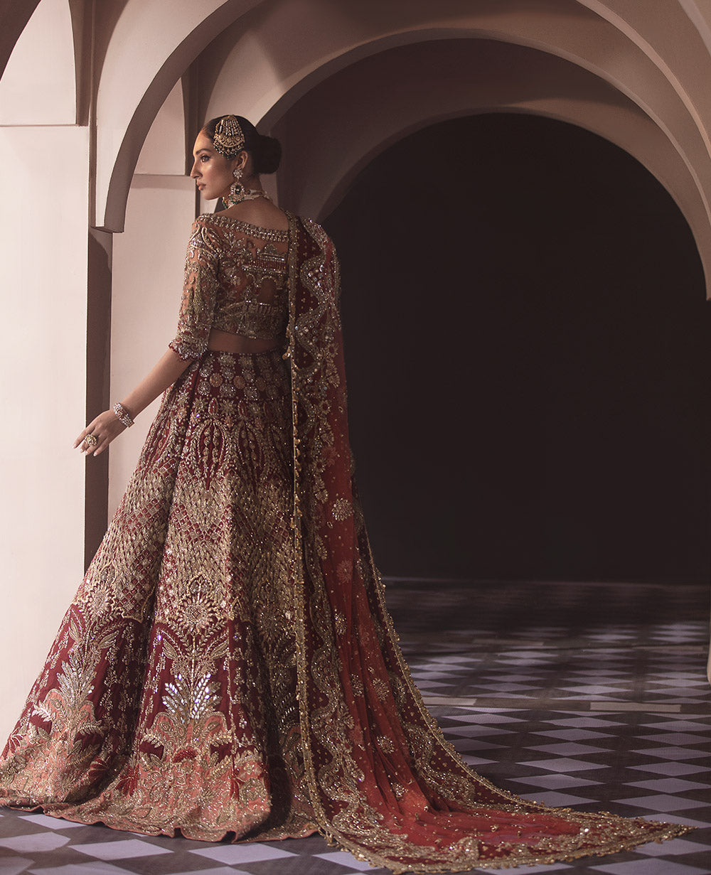 Deep Red Embellished Silk Bridal Lehenga (3-Piece) - Image 4