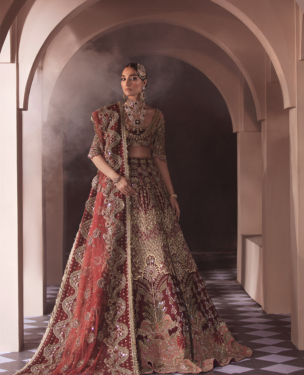 Deep Red Embellished Silk Bridal Lehenga (3-Piece) - Image 6