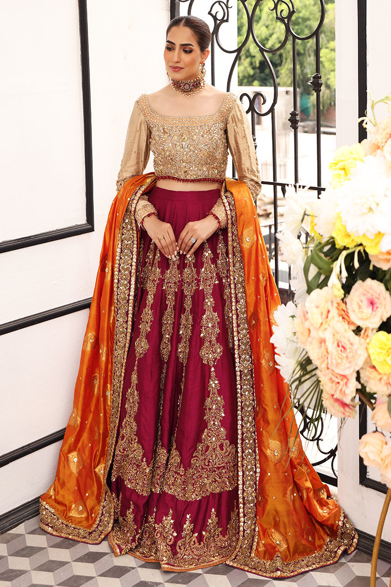 Pakistani Beet Red Zardozi Silk Lehenga (3-Piece) - Image 1