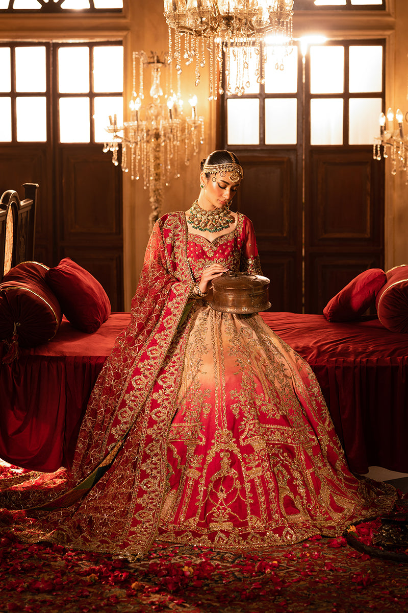 Pakistani Crimson Gold Embroidered Silk Bridal Lehenga (3-Piece) - Image 1