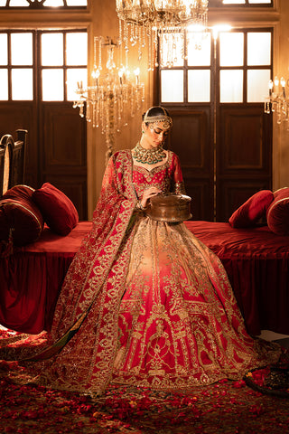 Pakistani Crimson Gold Embroidered Silk Bridal Lehenga (3-Piece) - Image 2