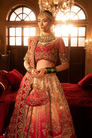Pakistani Crimson Gold Embroidered Silk Bridal Lehenga (3-Piece) - Image 3