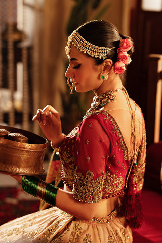 Pakistani Crimson Gold Embroidered Silk Bridal Lehenga (3-Piece) - Image 4