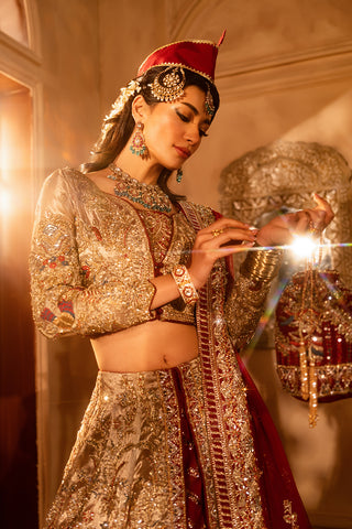 Deep Crimson Zardozi Silk Lehenga (3-Piece) - Image 3