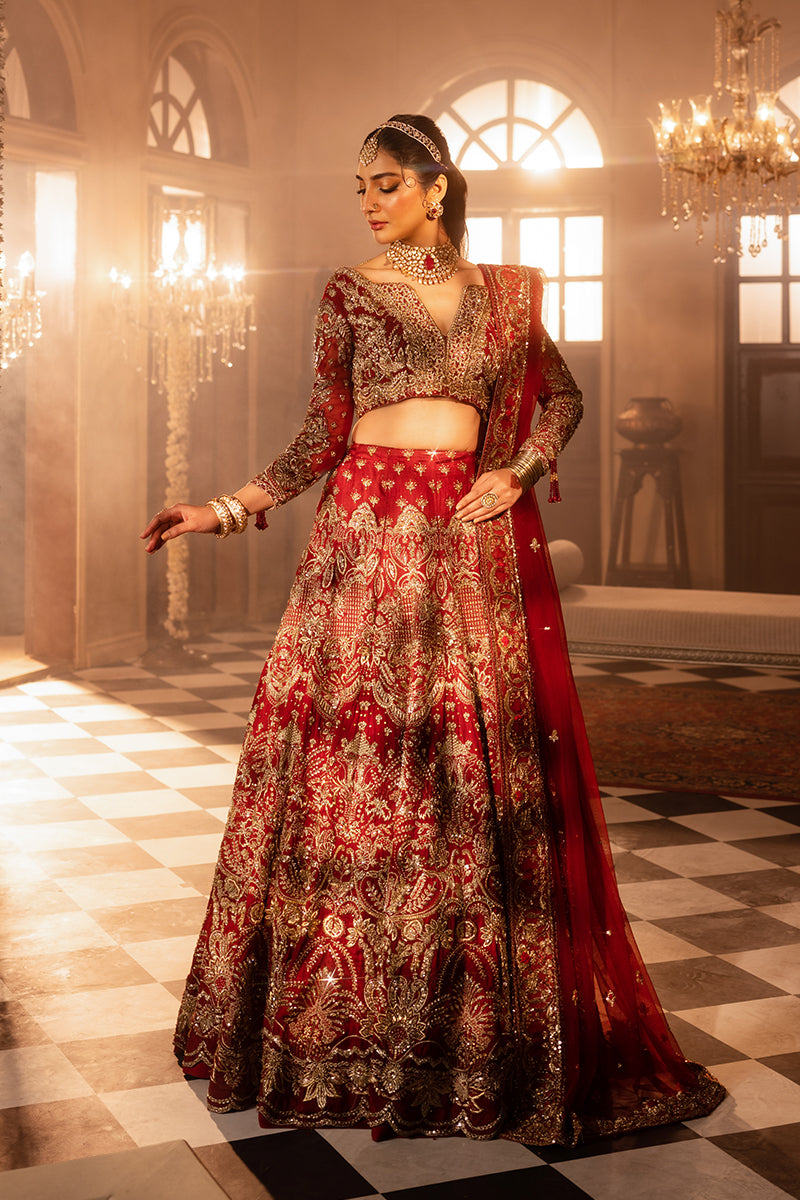 Crimson Zardozi & Marori Silk Bridal Lehenga (3-Piece) - Image 1