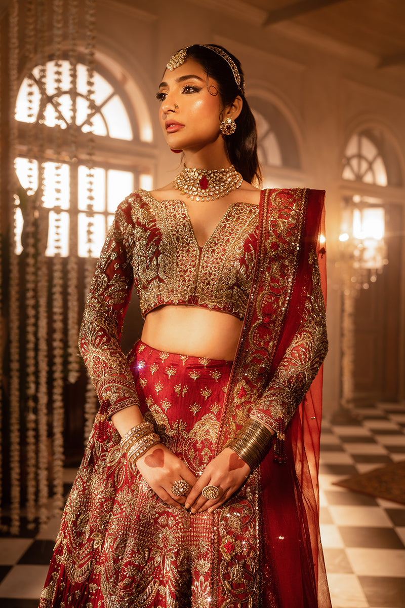 Crimson Zardozi & Marori Silk Bridal Lehenga (3-Piece) - Image 2