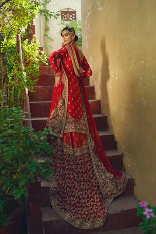 Red Embellished Silk Bridal Farshi Lehenga (3-Piece) - Image 2