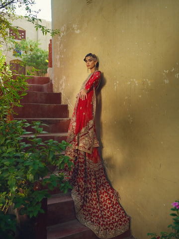 Red Embellished Silk Bridal Farshi Lehenga (3-Piece) - Image 3