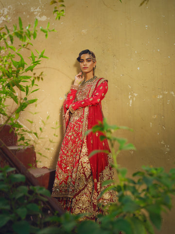 Red Embellished Silk Bridal Farshi Lehenga (3-Piece) - Image 4
