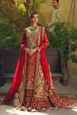 Red Embellished Silk Bridal Farshi Lehenga (3-Piece) - Image 6
