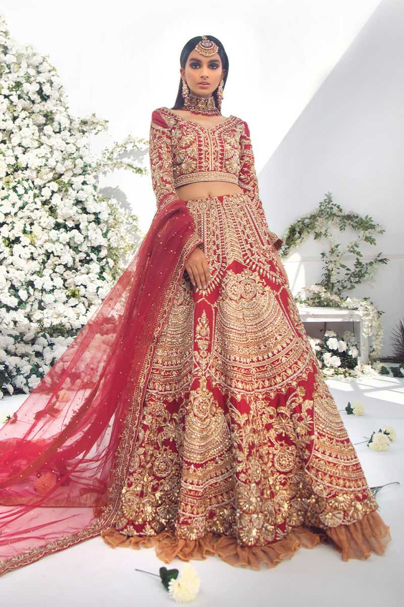 Red Gold Embroidered Silk Bridal Lehenga (3-Piece) - Image 1