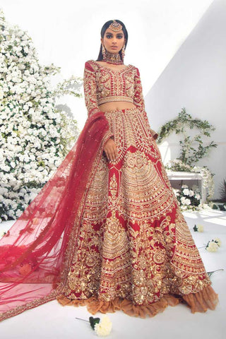 Red Gold Embroidered Silk Bridal Lehenga (3-Piece) - Image 2