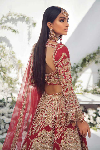 Red Gold Embroidered Silk Bridal Lehenga (3-Piece) - Image 3