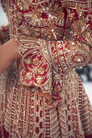 Red Gold Embroidered Silk Bridal Lehenga (3-Piece) - Image 5