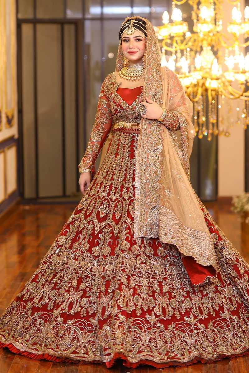 Deep Red Embroidered Silk Bridal Lehenga (3-Piece) - Image 1