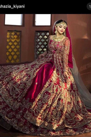 Deep Crimson Zardozi Silk Velvet Bridal Lehenga (3-Piece) - Image 2