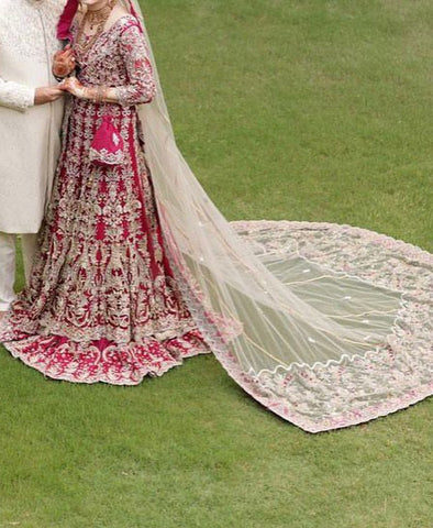 Deep Crimson Zardozi Silk Velvet Bridal Lehenga (3-Piece) - Image 4