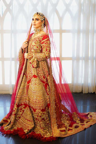 Pakistani Crimson Red Zardozi Silk Bridal Lehenga (3-Piece) - Image 2