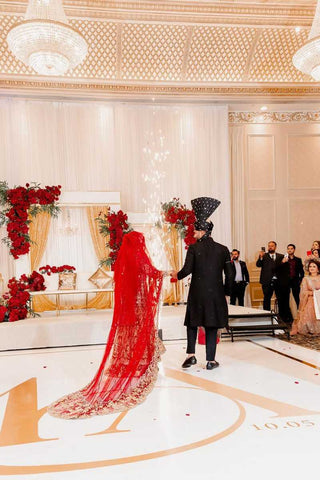 Pakistani Deep Red Zardozi Silk Bridal Lehenga (3-Piece) - Image 3