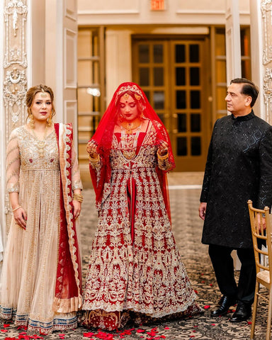 Pakistani Deep Red Zardozi Silk Bridal Lehenga (3-Piece) - Image 4