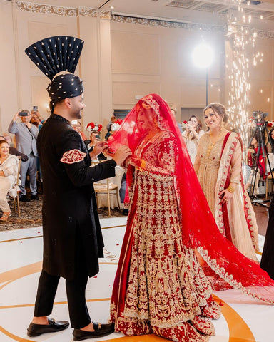 Pakistani Deep Red Zardozi Silk Bridal Lehenga (3-Piece) - Image 5