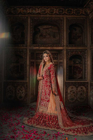 Pakistani Deep Red Zardozi Silk Bridal Lehenga (3-Piece) - Image 2