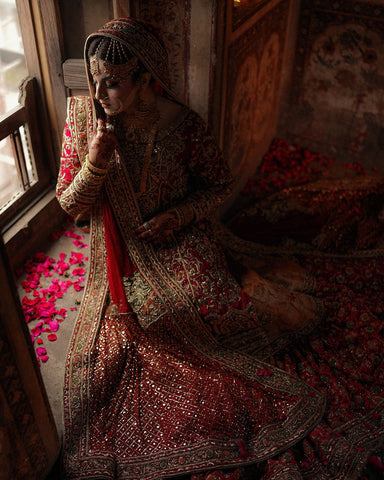 Pakistani Deep Red Zardozi Silk Bridal Lehenga (3-Piece) - Image 7