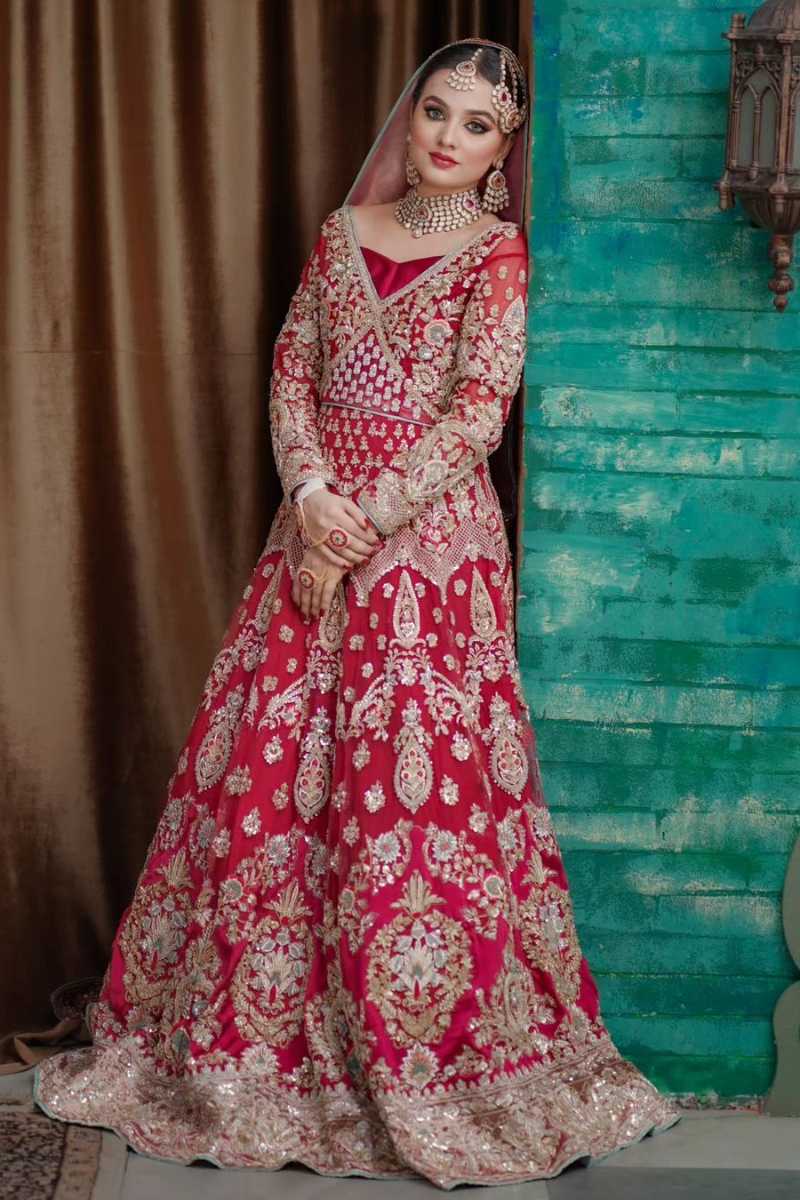 Deep Red Embroidered Silk Bridal Lehenga (3-Piece) - Image 1
