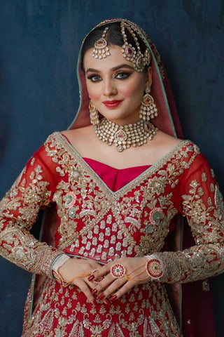 Deep Red Embroidered Silk Bridal Lehenga (3-Piece) - Image 3