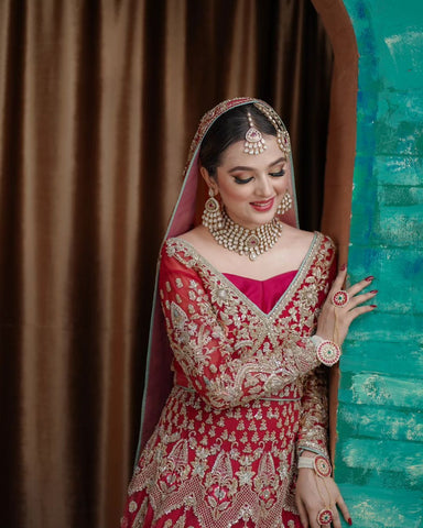 Deep Red Embroidered Silk Bridal Lehenga (3-Piece) - Image 4