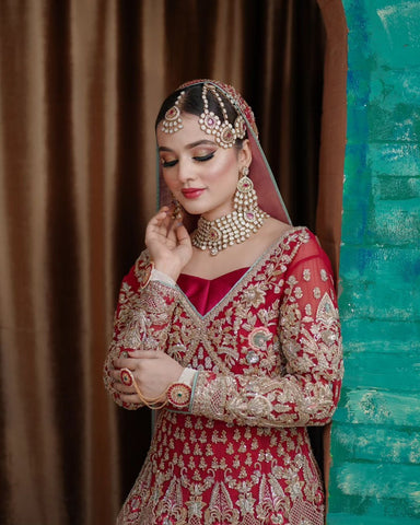 Deep Red Embroidered Silk Bridal Lehenga (3-Piece) - Image 6