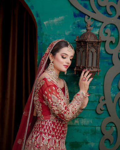 Deep Red Embroidered Silk Bridal Lehenga (3-Piece) - Image 7